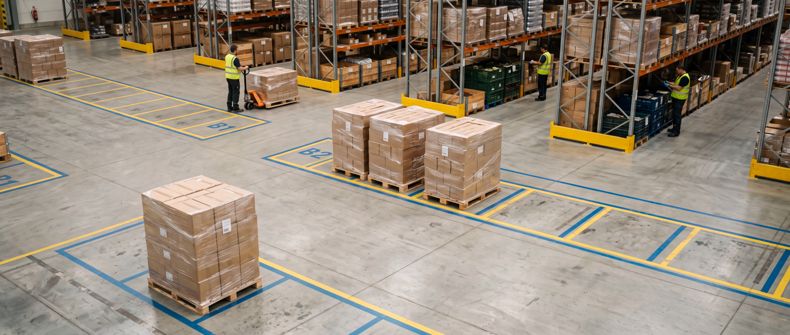 Wrapped pallets in marked warehouse staging bays, with workers checking stock beside storage racks and using a pallet jack.
